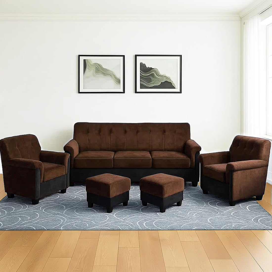 Furny Woodsavo 5 Seater Sofa Set with Velvet Fabric, 3+1+1+2 Puffy Sofa Set for Living Room (Brown-Black Color) | Soft Velvet Fabric | Modern Design | Comfortable Seating | Living Room Furniture-image-17