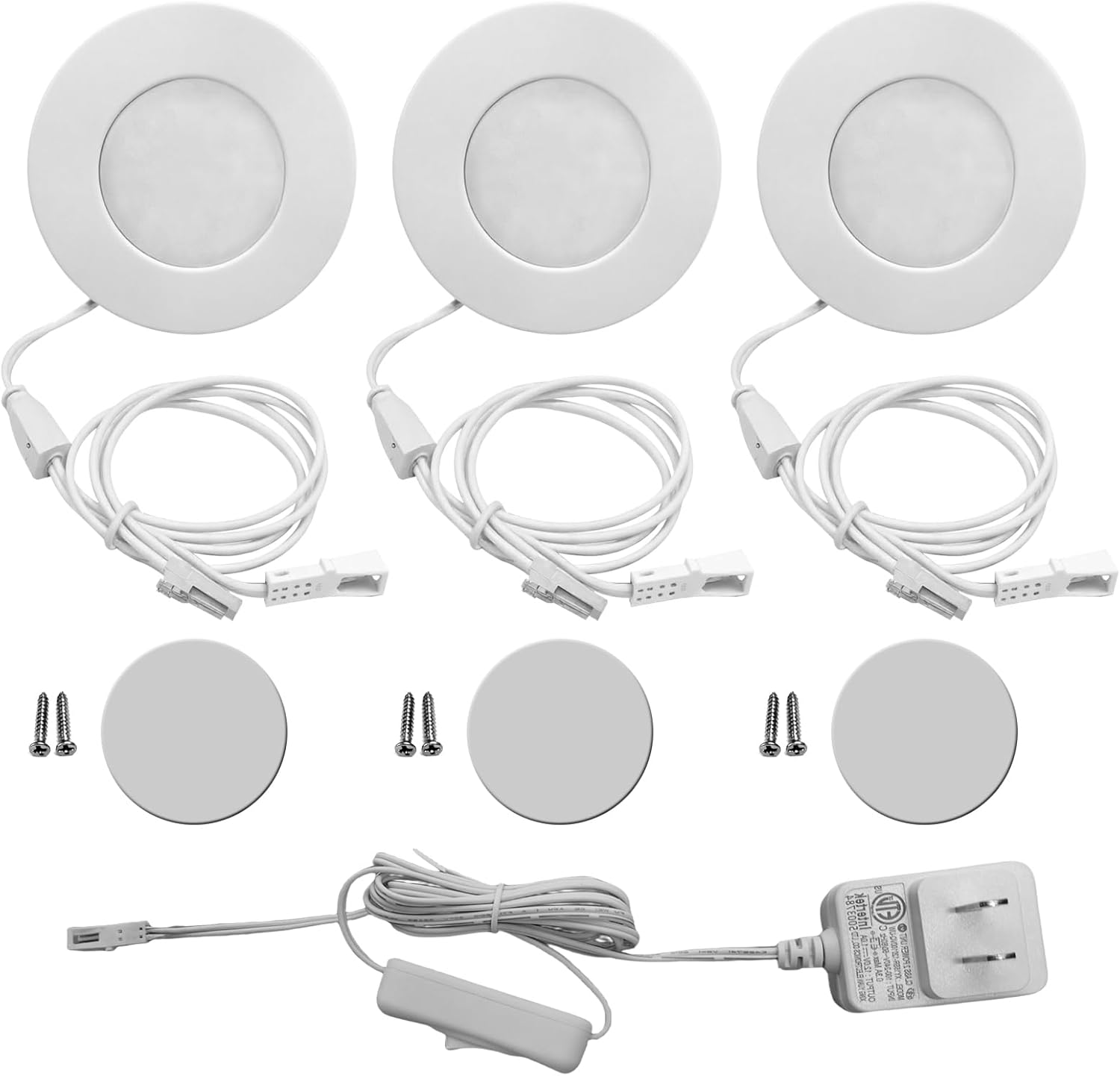 Linkable LED Cabinet Lighting Kit 3 Pack Slim Metal Puck Lights CCT 3000K 4000K 5000K for Kitchen Closet Bookcase Wardrobe Lighting with ETL Listed Wall Plug (White)