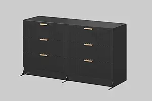 DWVO 6 Drawer Dressers, Chest of Drawers with Fluted Panel, Wide Versatile Storage Dresser Organizer for Living Room, Kitchen and Office, Black