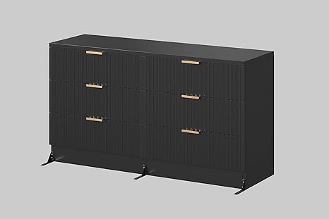DWVO 6 Drawer Dressers, Chest of Drawers with Fluted Panel, Wide Versatile Storage Dresser Organizer for Living Room, Kitchen and Office, Black