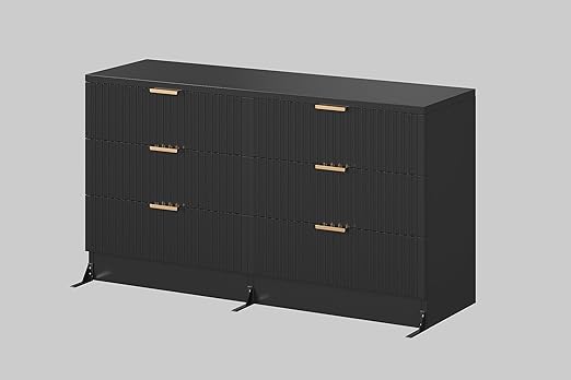 DWVO 6 Drawer Dressers, Chest of Drawers with Fluted Panel, Wide Versatile Storage Dresser Organizer for Living Room, Kitchen and Office, Black