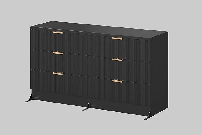 DWVO 6 Drawer Dressers, Chest of Drawers with Fluted Panel, Wide Versatile Storage Dresser Organizer for Living Room, Kitchen and Office, Black