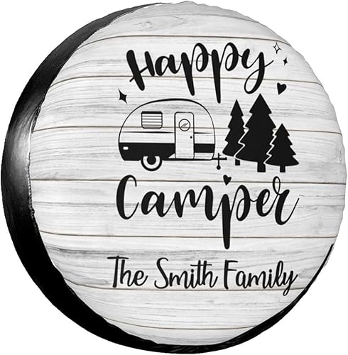 Happy Camper - Cubierta personalizada para neumático de repuesto con nombre personalizado para campamento, cubierta protectora de ruedas para Jeep,