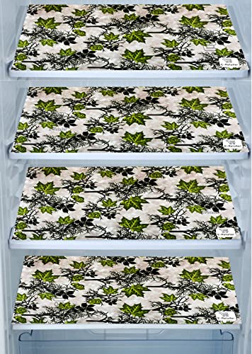Image of Combo Set of Flower Print 1 Pc Fridge Top Cover with 6 Utility Pockets And 4 Pc Fridge Mats (Green, Set of 5) (1FC4FM-GRPFLW-GRN)