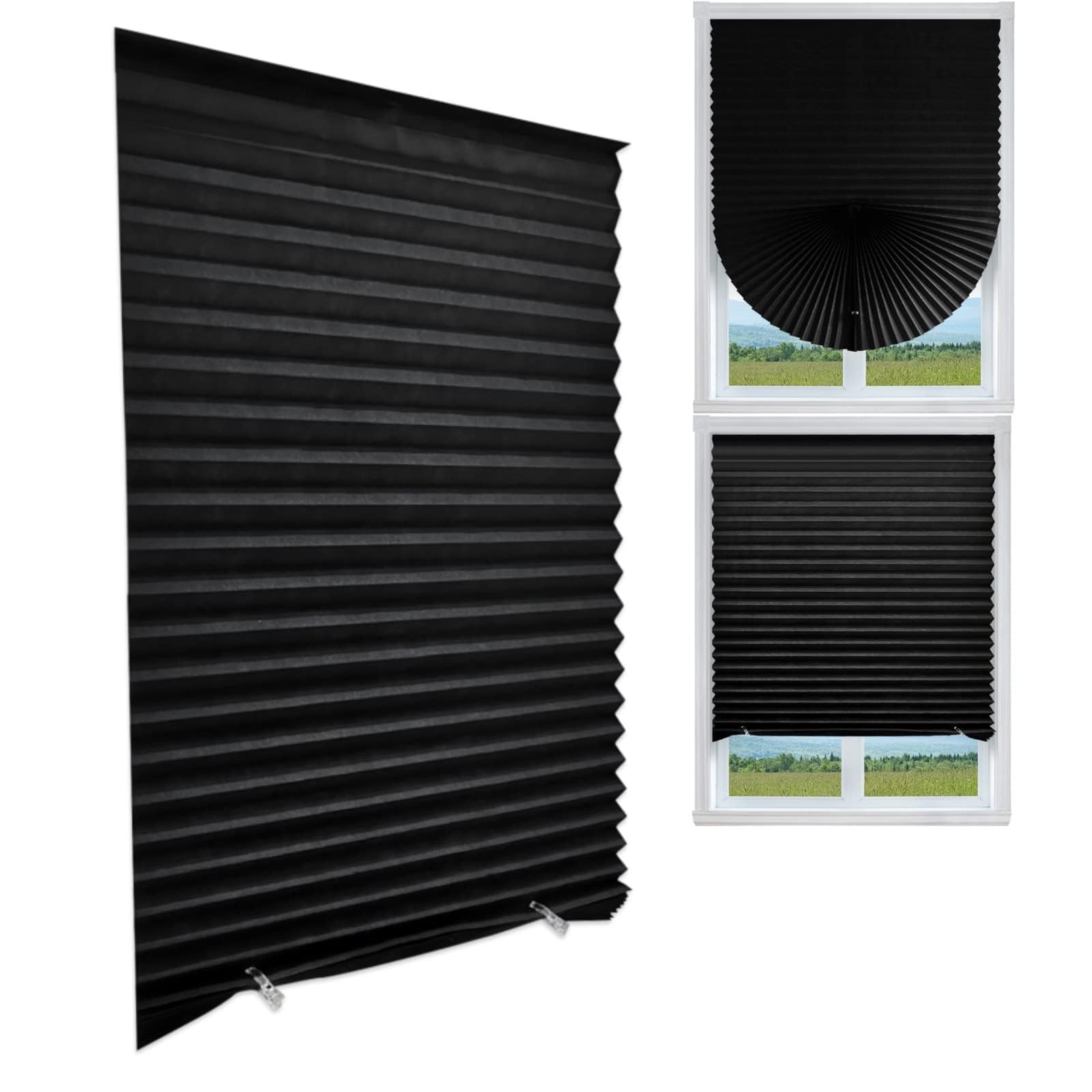 No Drill Blinds for Windows, Blackout Pleated Shade Cordless Temporary Blinds, Polyester Room Darkening Indoor Window Covering with Clips for Bedroom and Rental Apartment, 90x150cm Black-image-3