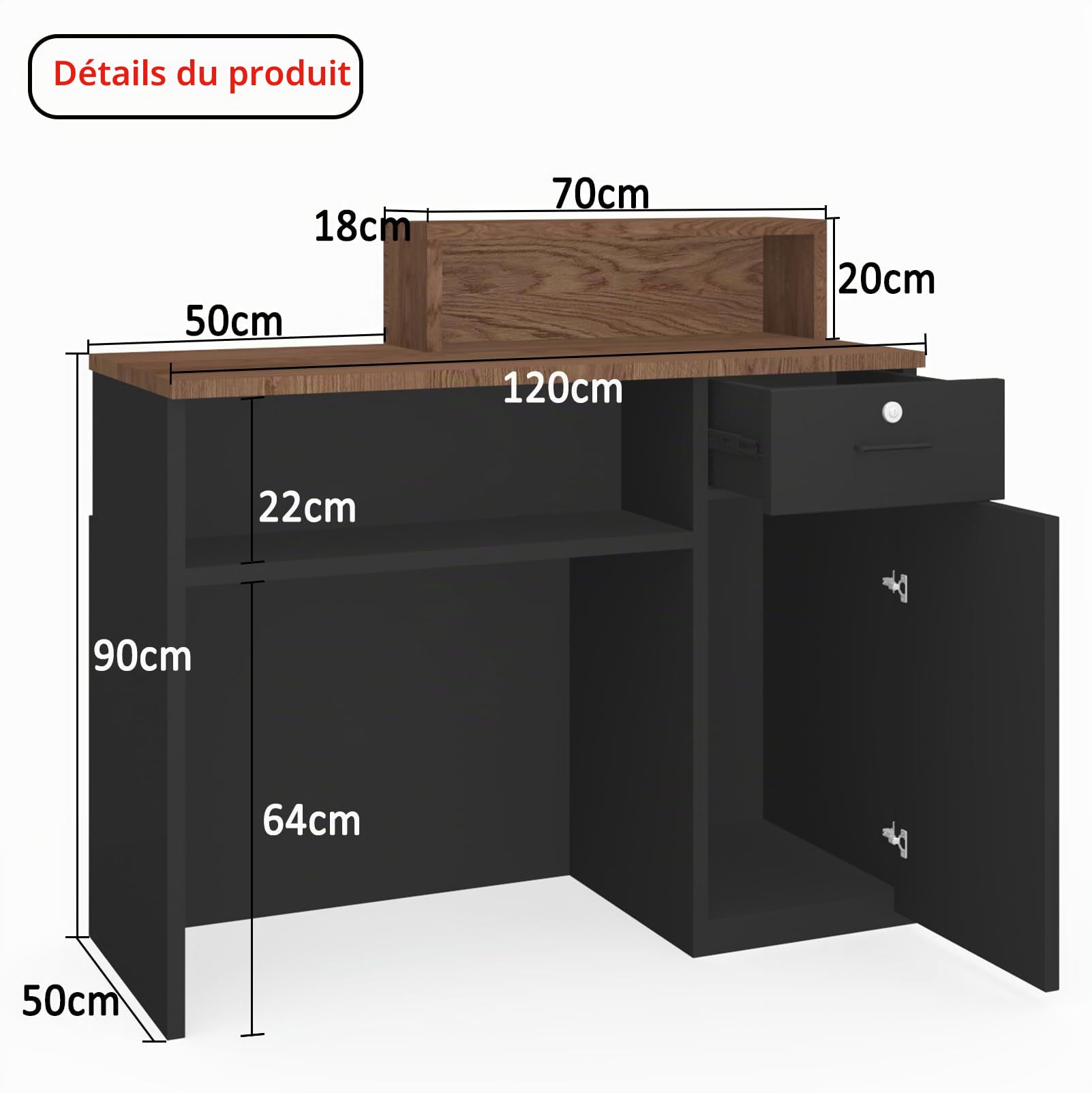Bureau de réception et boîtes de réception - Bureau avec étagères ouvertes, bureau de réception en bois pour coiffeur, beauty studio, magasin, supermarché, caisses (avec Drawer B)