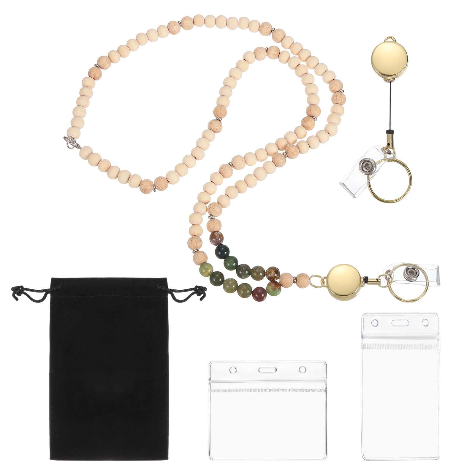PATIKIL Retractable Wood Beaded Lanyards for ID Badge Holder, Beads Keychain Lanyard with Vertical & Horizontal Badge Holders for Women Teacher Gift Keys Chain Cards, Indian Agate