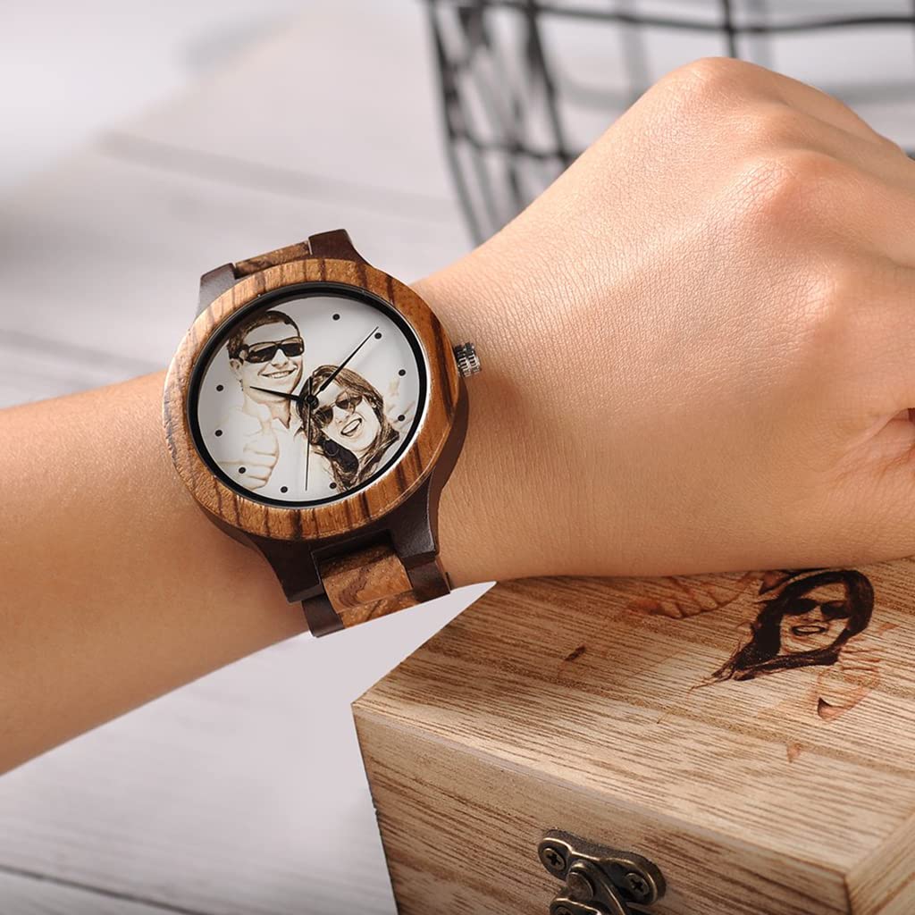 Reloj de Madera Personalizado para Hombres Relojes de Madera Natural con Foto grabada Pulsera Ajustable para Regalo Aniversario de cumpleaños para esposopapá Hijo o Novio