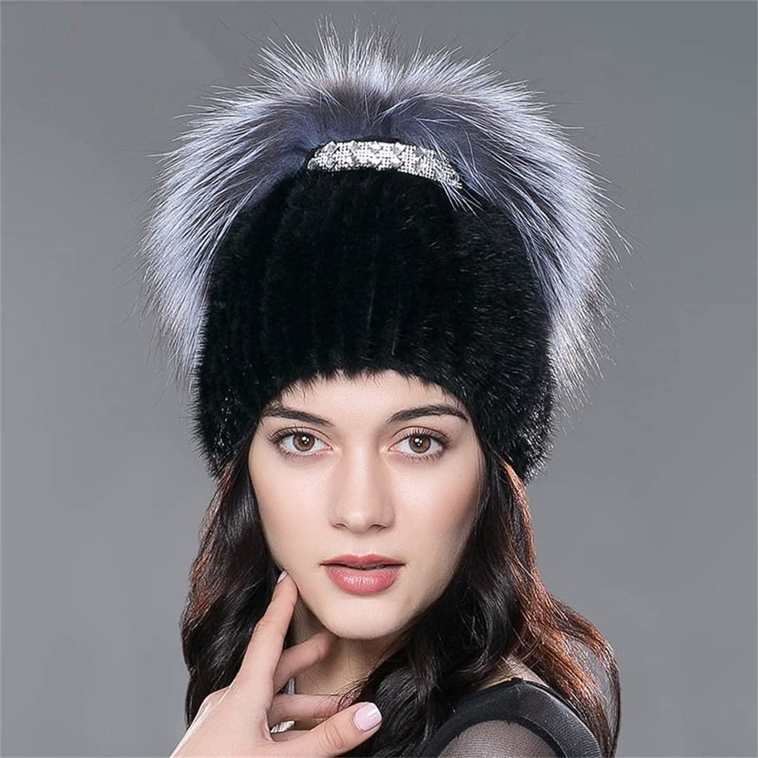 Sombreros de Piel de visón de Invierno para Mujer Gorros de Punto Gorros cálidos para Mujer Sombrero de Piel para Mujer