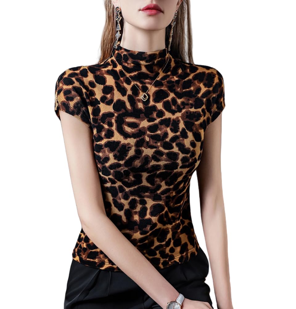 Women Leopard Print Tops Summer Mock Neck Short Sleeve Slim