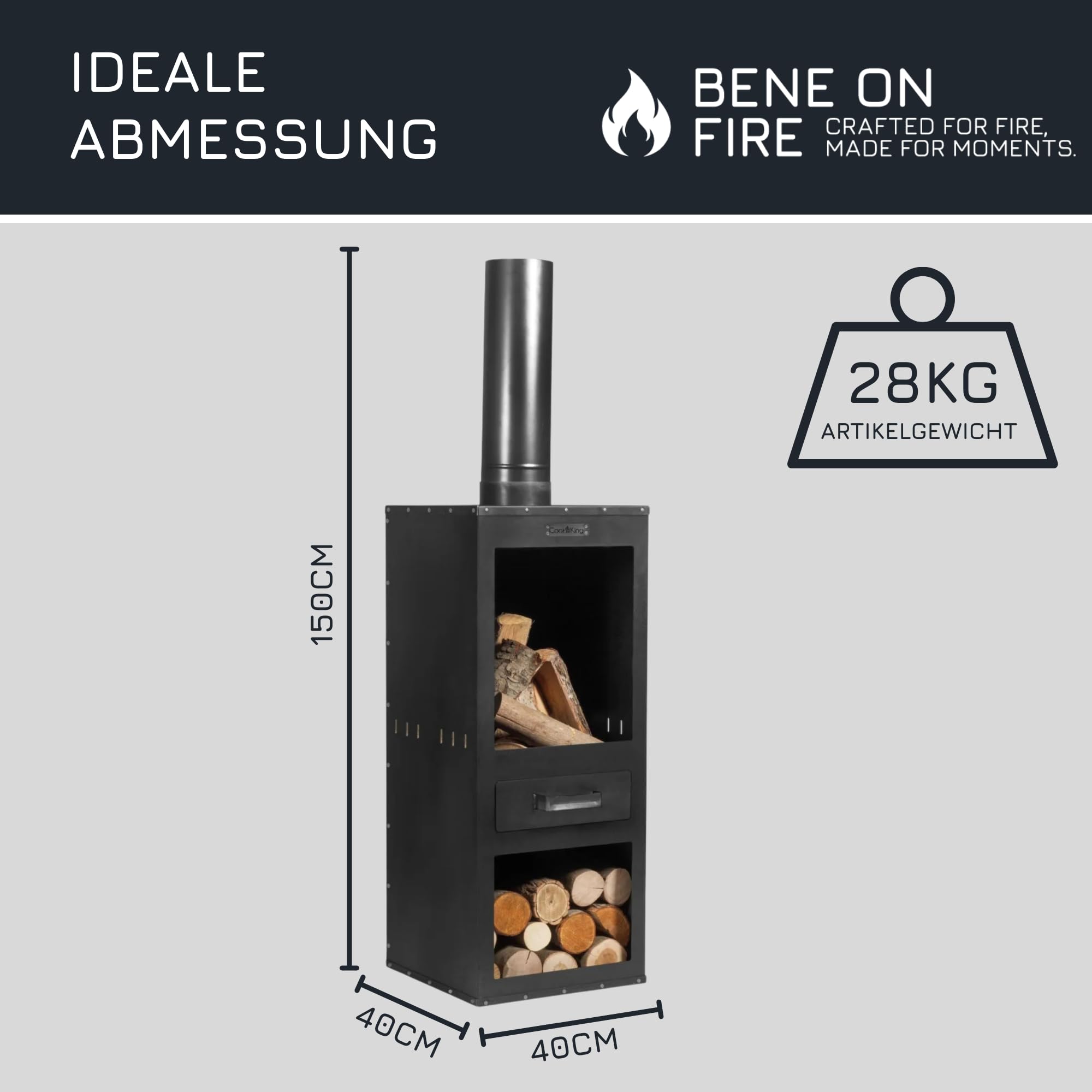 BENE ON FIRE Terrassenofen Delaware 150 cm | Gartenkamin Outdoor Kaminofen modern | Gartenofen mit Brennkammer und Holzlager | Terrassenkamin Stahl schwarz | Feuerofen für die Terrasse Gartenparty