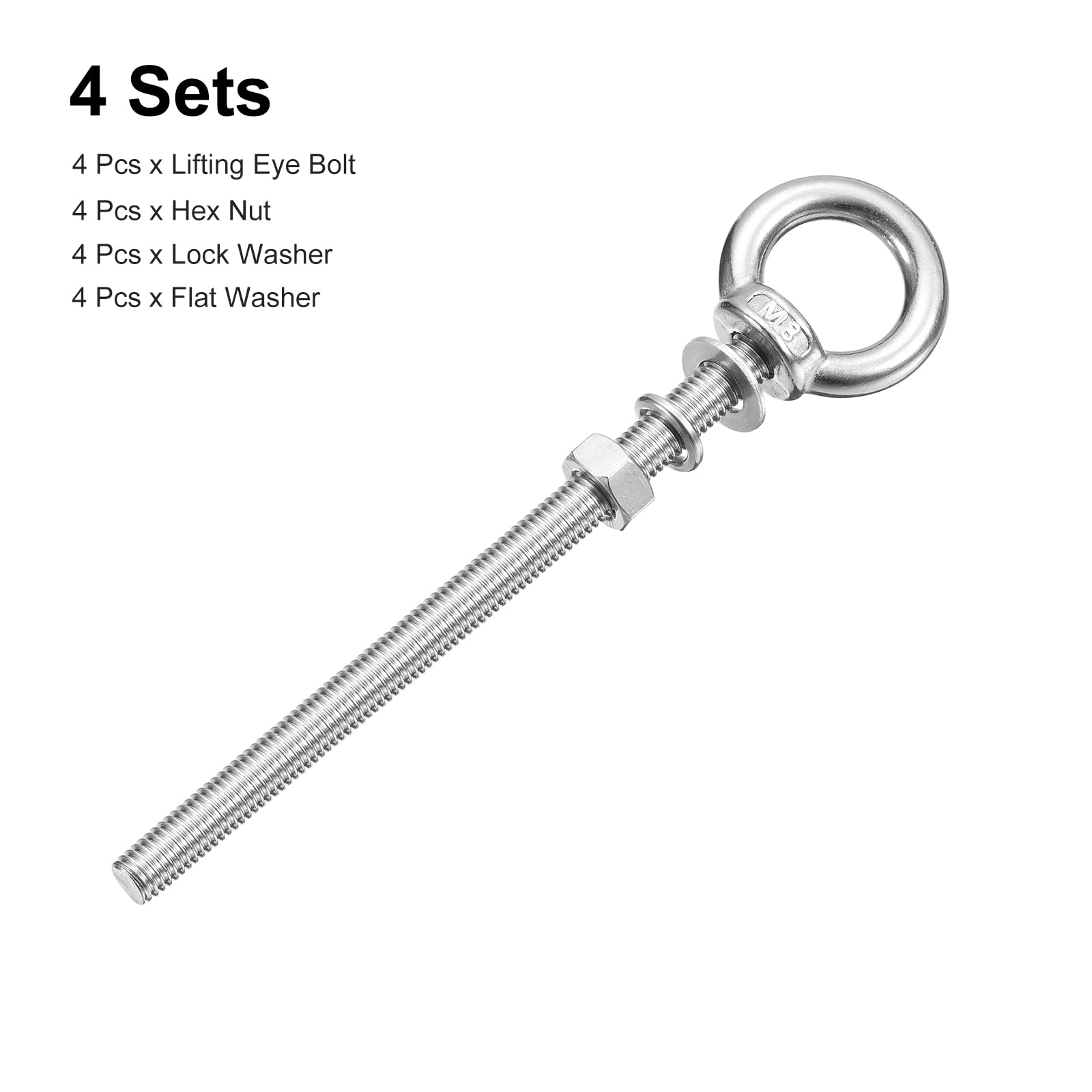 uxcell Bullone a occhiello di sollevamento, 4 set M8 x 120 mm con rondella dado in acciaio inossidabile 304 anello di sollevamento per spalla bullone ad occhiello per appendere oggetti