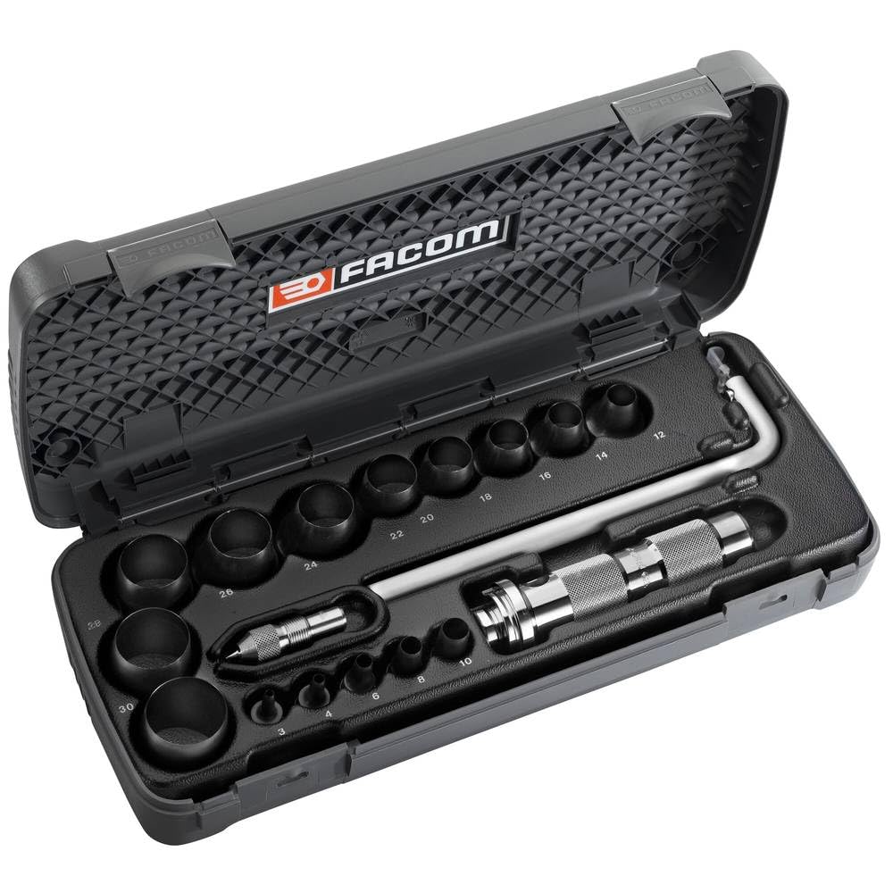 FACOM - Coffret d'Emporte-Pièces pour Joints 18 pièces - 245.J1A - Réalisation de Joints Circulaires - Composition Découpe de Joints jusqu'à 30 mm - Emporte-Pièce et Compas - Plusieurs Dimensions