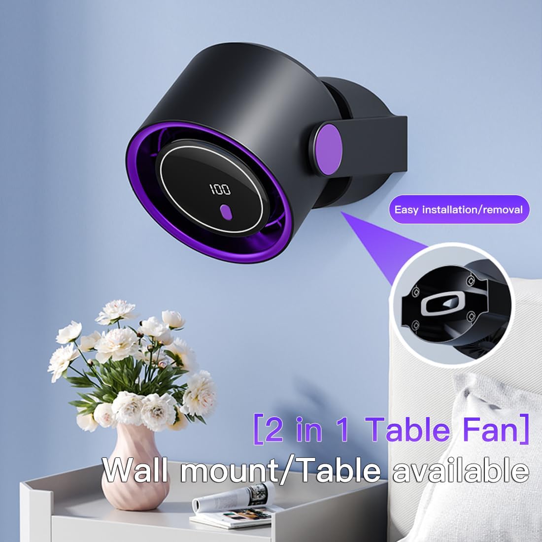 Table Fans, 100 Speeds Wall-Mounted Desk Fan Ultra Quiet, Battery&Speed Mode LED Display Rechargeable Motor Fan, 180°Wide Angle, 2000mAh Portable Fan for Office Bedroom Home Kitchen (Dark) - Image 2