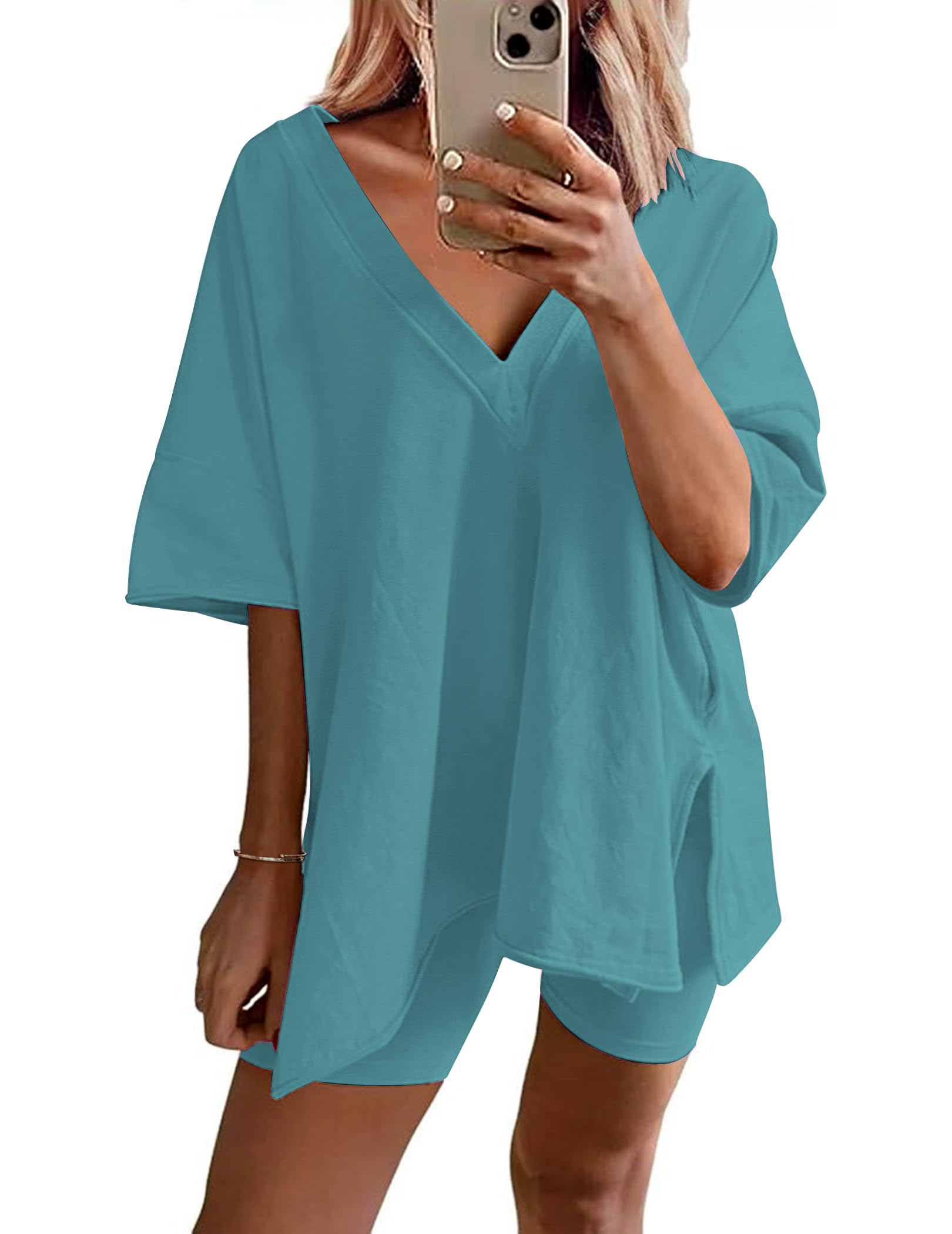 Ekouaer Womens Pajamas 2 Piece Lounge Sets Oversized V Neck T-Shirts Tops Biker Shorts Set Workout Reversible Tracksuit S-XXL