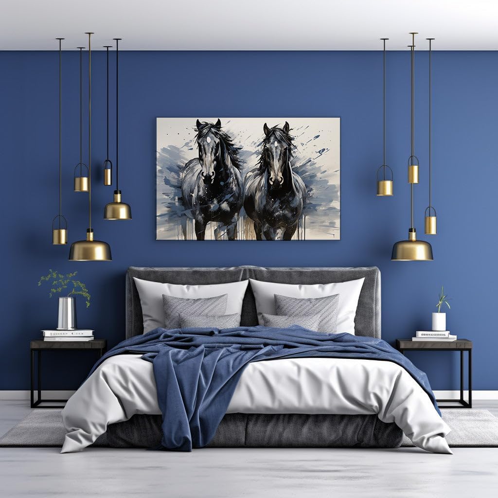 Canvas for Living room. Galloping Grace: Capturing the Dynamic Elegance of Black Horses in Digital Art, 27 x 18 inch Canvas Wall Art - Contemporary Masterpieces - Nature Home Decor