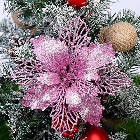 LALAHO Golden Powder Christmas Decoration Flower (16cm) 6pcs_Pink (16cm) Cover