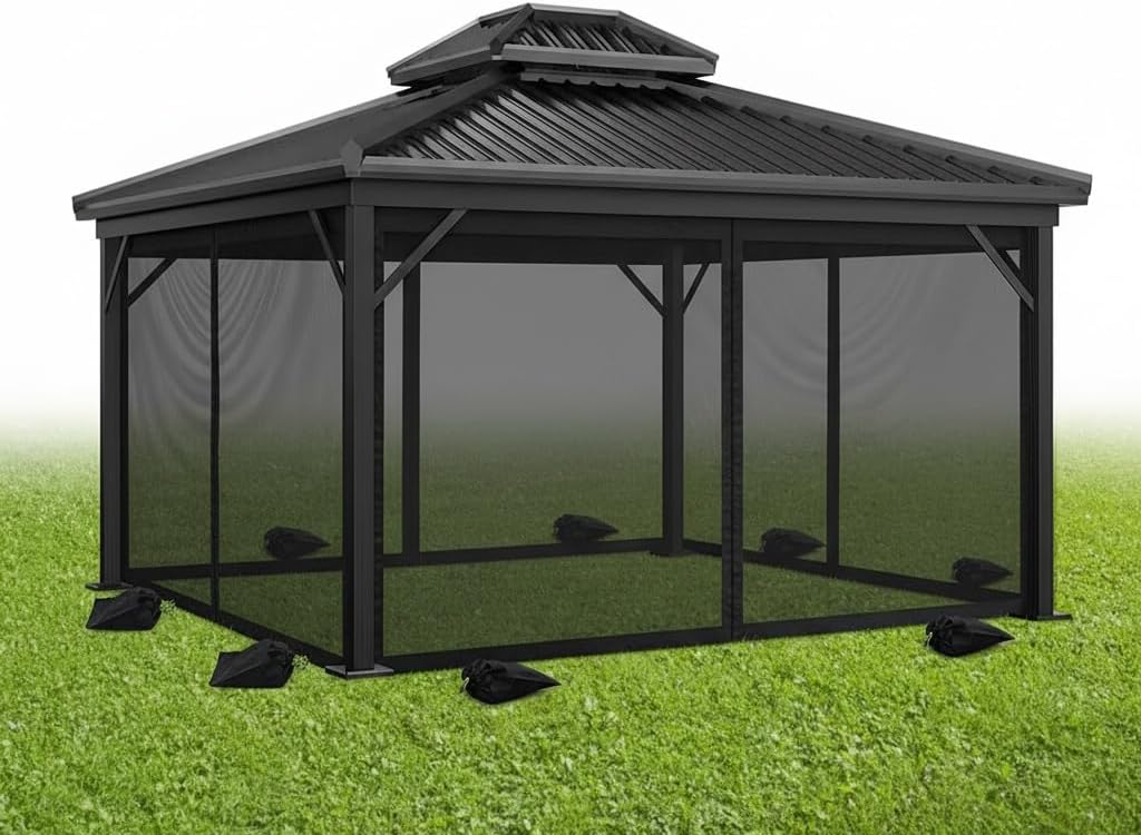 Universal 12ftx 12ft Gazebo Replacement Mosquito Netting with Sandbags, 4-Panel Netting Walls with Double Zippers for Patio Garden Yard Backyard Black (Mosquito Net Only)