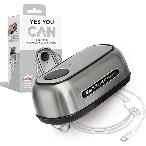 Kitchen Mama Orbit One Stainless Steel Rechargeable Electric Can Opener: Hands-free, USB-C Charging, Automatic Stop, Smooth Edge, Safety, Blade for Large Cans, Heavy Duty, Soda Can and Pop Can