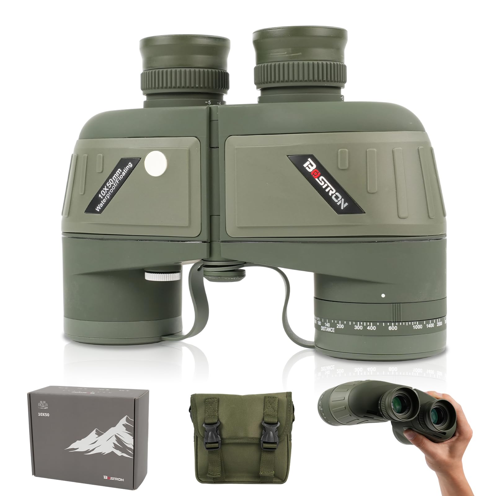Binocolo Marino 10x50 per Adulti, Impermeabile IPX7 | Prisma BAK4 Lenti FMC, Binocolo Militare Professionale con Telemetro per la Navigazione Birdwatching Caccia - Green