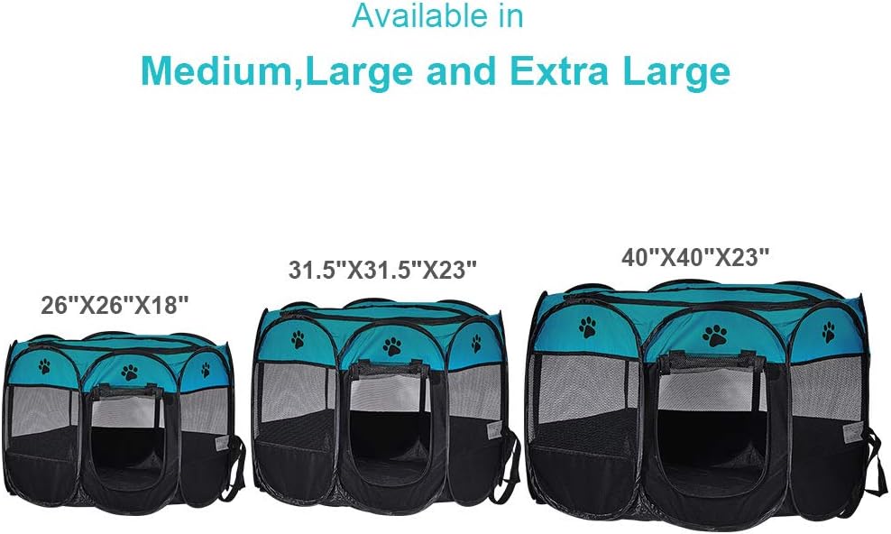 Foldable Pet Dog Playpen, Pop Up Portable Cat Playpen, Indoor/Outdoor for Kitten Puppy Play Pen, Cats Crate Tent with Carrying Bag, 600D Oxford (Aqua Blue + Black, Large, 8)
