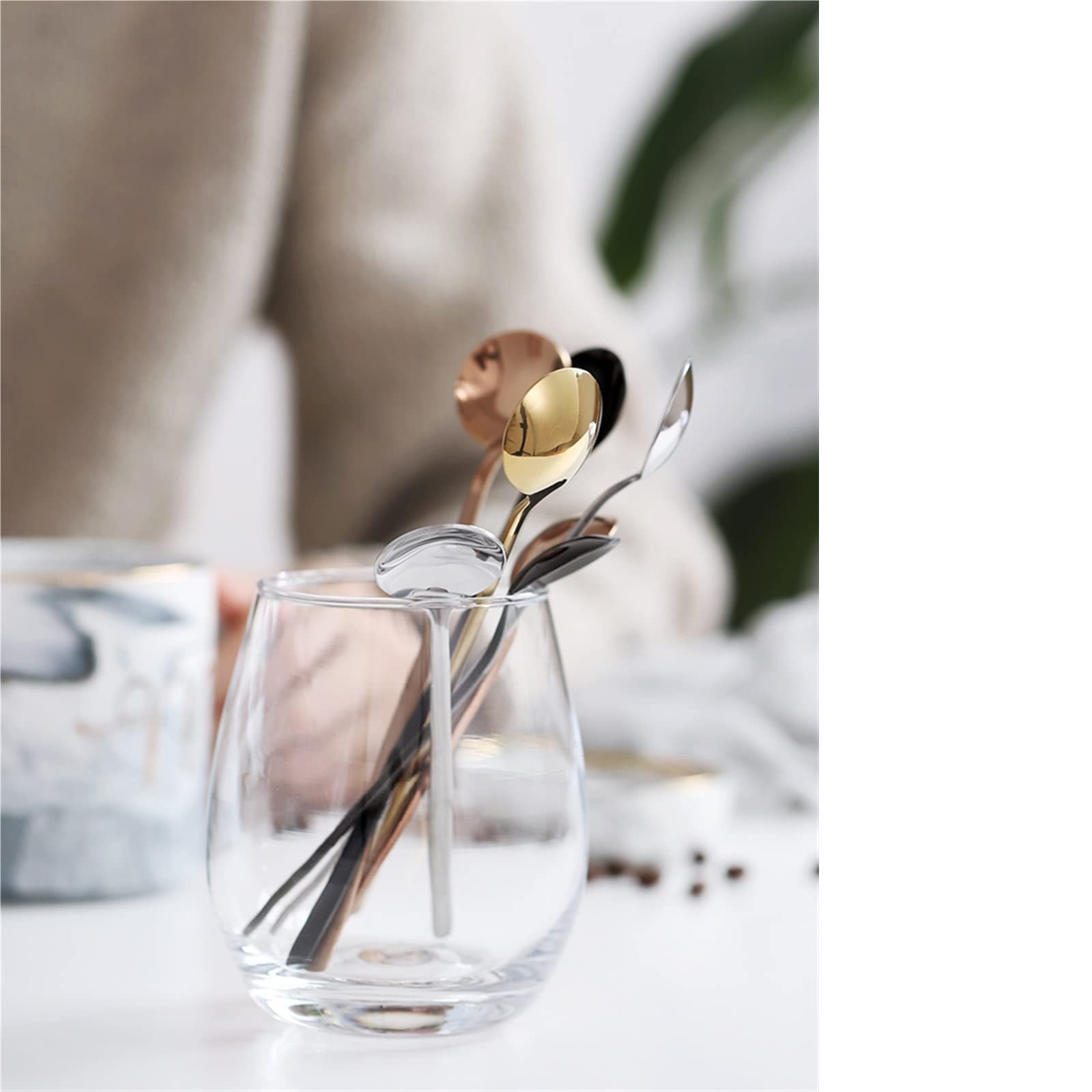 JINGYAN Cucchiaini da tè Small Spoon Coffee for Yogurt Ice Cream Dessert Long Handled Cutlery Kitchen Tainless Steel Round Teaspoon
