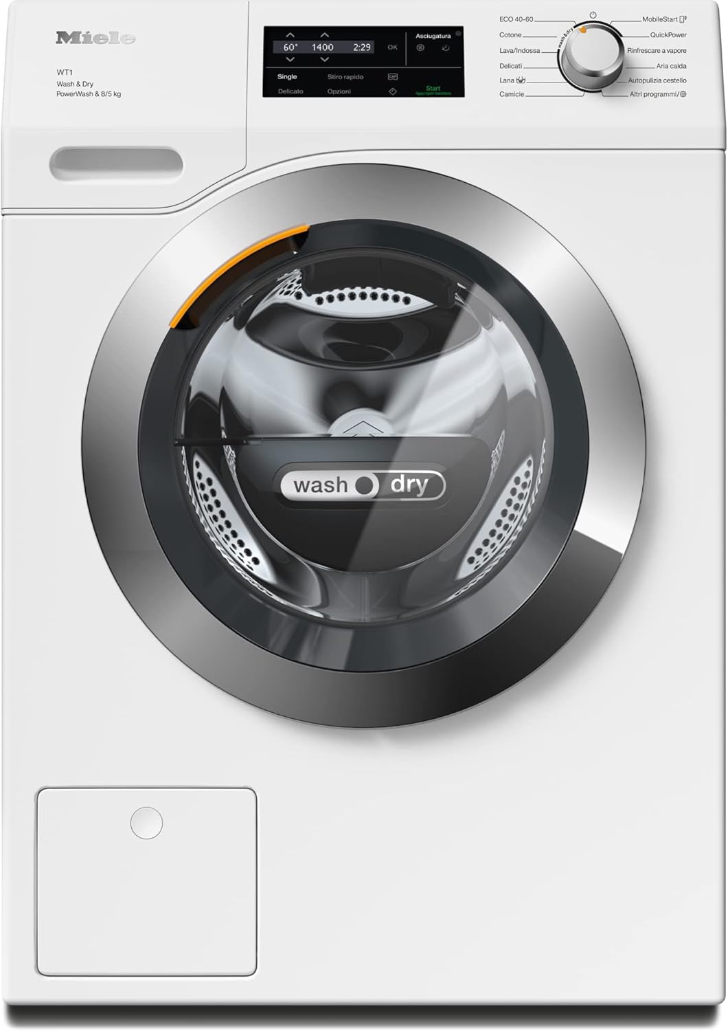 Miele WTI 3704 WPM PowerWash 2.0 Lavasciuga WT1 a Carica Frontale 8/5 Kg, con QuickPower e Single WashDry, CapDosing, SteamCare, Miele@home, Classe di Efficienza Energetica D, Bianco Loto [Classe di efficienza energetica A]