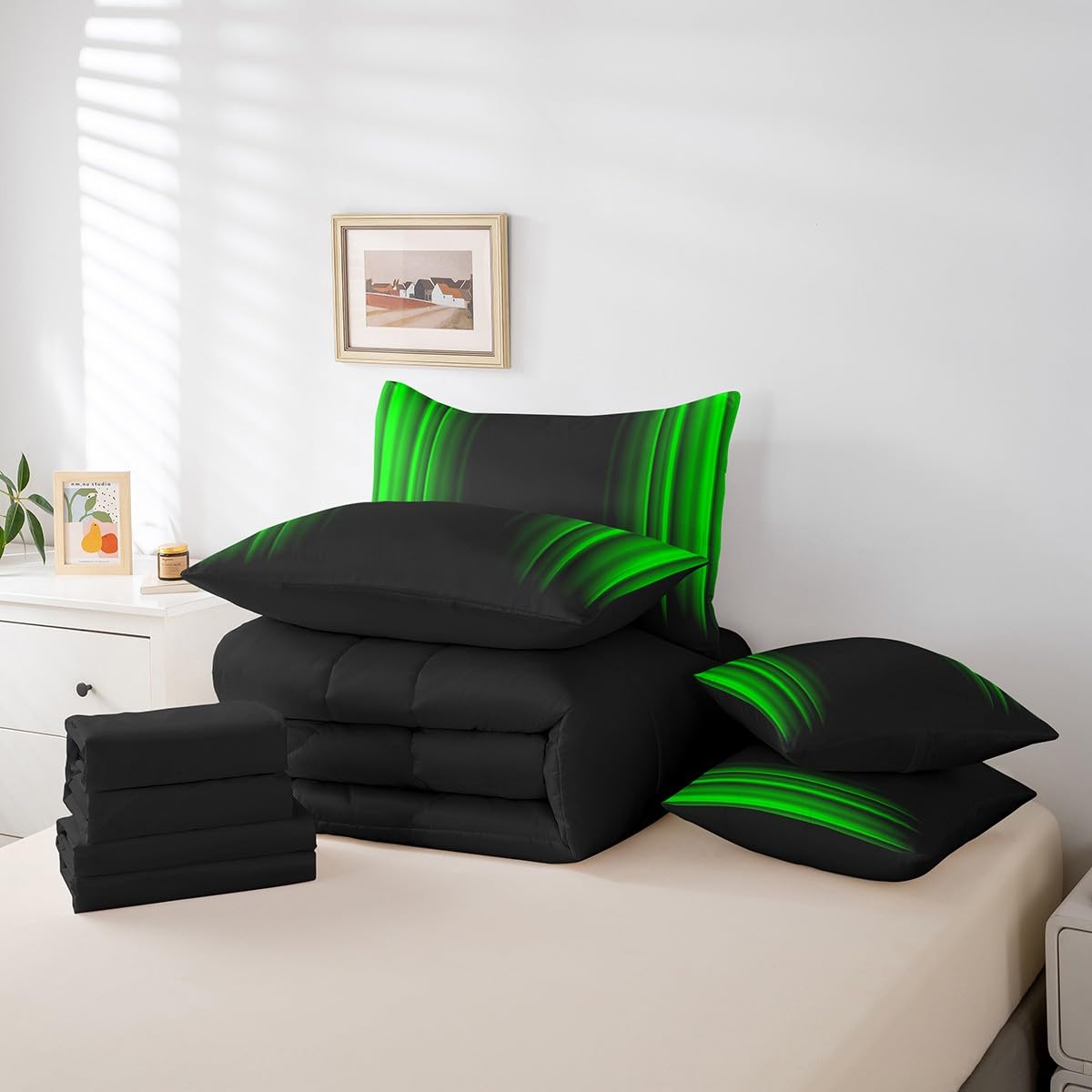 Spannbettlaken-Set Geometrisch - Doppelbett, Grün-neon Gestreift, Aus Mikrofaser