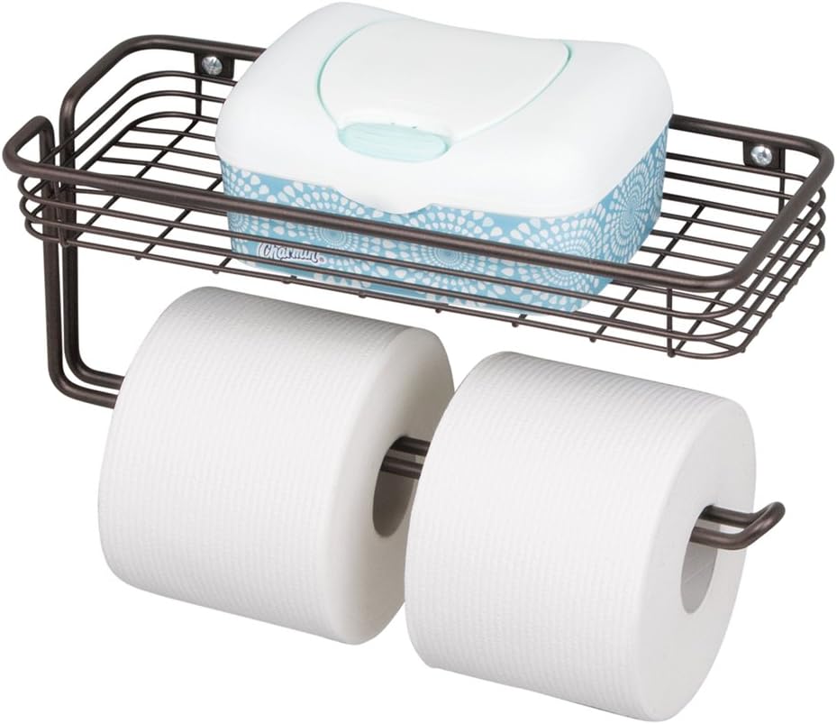 mDesign Toilet Tissue Paper Holder and Multi-Purpose Shelf - Wall Mount Storage Organizer for Bathroom, Holds 2 Rolls - Durable Metal Wire Design - Bronze