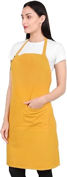 Kitchen Apron Cotton Waterdrop Resistant with adjustable Aprons for Women with Pockets 9 Color option Cooking Mustard color