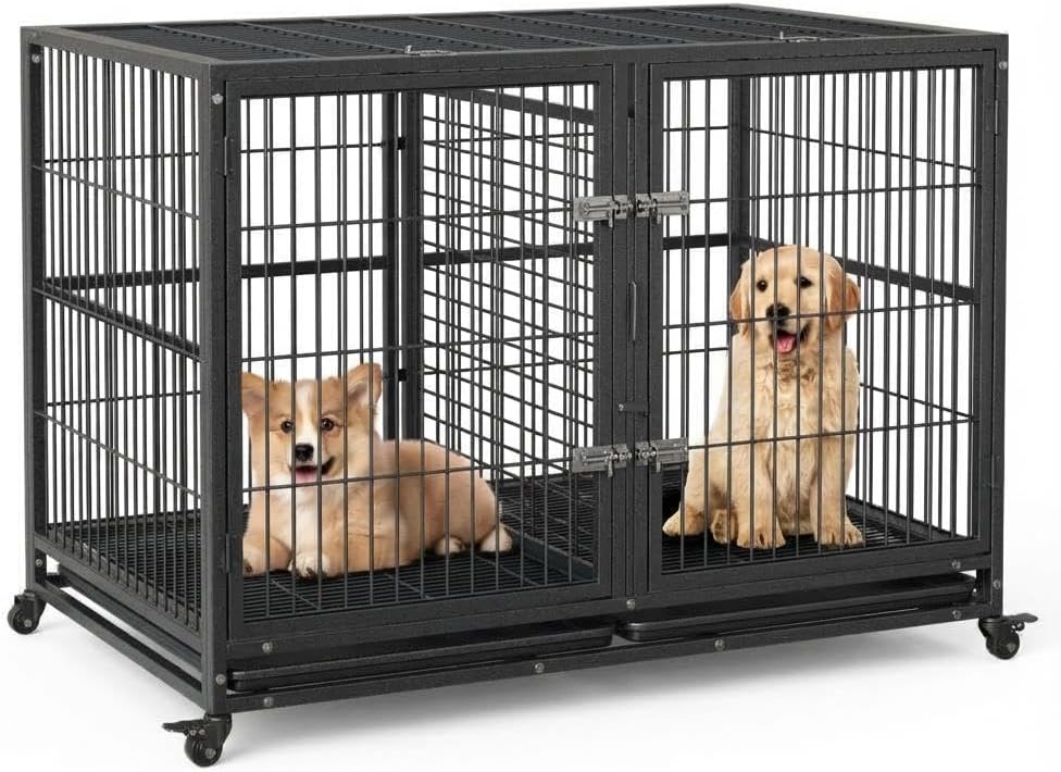 48 Inch Heavy Duty Dog Crate with Divider, Indoor Dog Kennel with Lockable Wheels and Removable Tray,Indestructible Escape-Proof Dog Cage for 2 Small Dogs/1 Large Dog 47.24" l x 29.92" w x 35.04" h