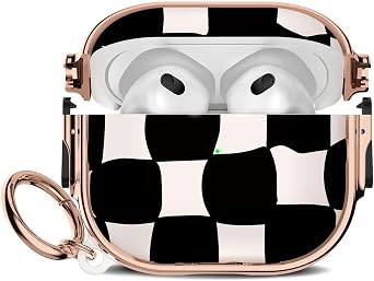 Maxjoy for Cute AirPods 3 Case 2021 with Safety Lock,Compatible Black and White Plaid AirPod 3rd Generation Case for Women Girly with Keychain-Black White