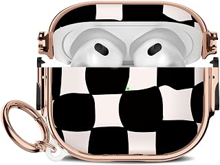 Maxjoy for Cute AirPods 3 Case (2021) with Safety Lock,Compatible Black and White Plaid AirPod 3rd Generation Case for Women Girly with Keychain-Black White