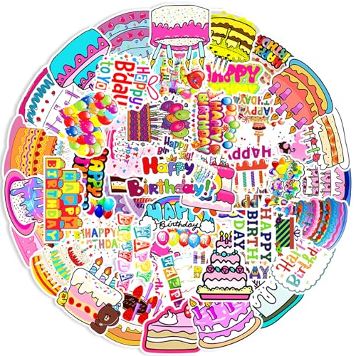 Bighan 50 Pcs Happy Birthday Stickers, Waterproof Vinyl Decals for Kids, Celebratory Birthday Elements on Plastic, Metal, Glass, Wood