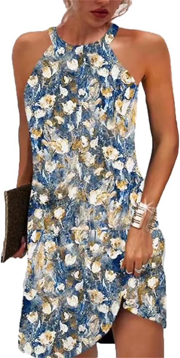 Kubsid Halter Dresses for Women 2026 Casual Floral Print Summer Dresses Hollow Out A-line Sundresses for Beach Vacation
