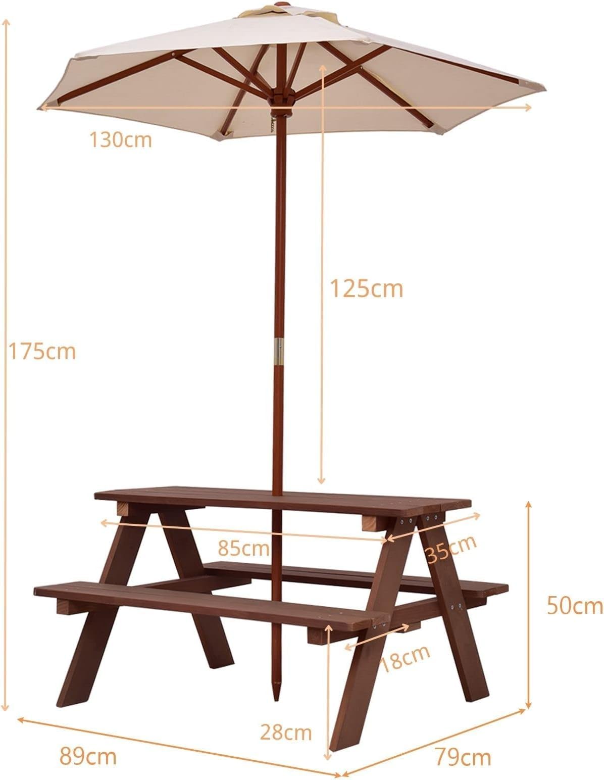 GYMAX Set Tavolo da Picnic e Panca per Bambini, Tavolo da Gioco in Legno di Abete con Ombrellone Rimovibile e Pieghevole, per Giardino Cortile Patio, Bambini (Stile 2)