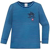 blau geringeltes Langarmshirt für Jungen aus der beliebten SCHIESSER-Tagwäscheserie Capt´n Sharky mit besonders breiten Armbündchen großes Piratenhai-Motiv auf der Brust kleines Capt´n Sharky-Label an der Seitennaht  in weicher, elastischer Single-Jersey-Qualität