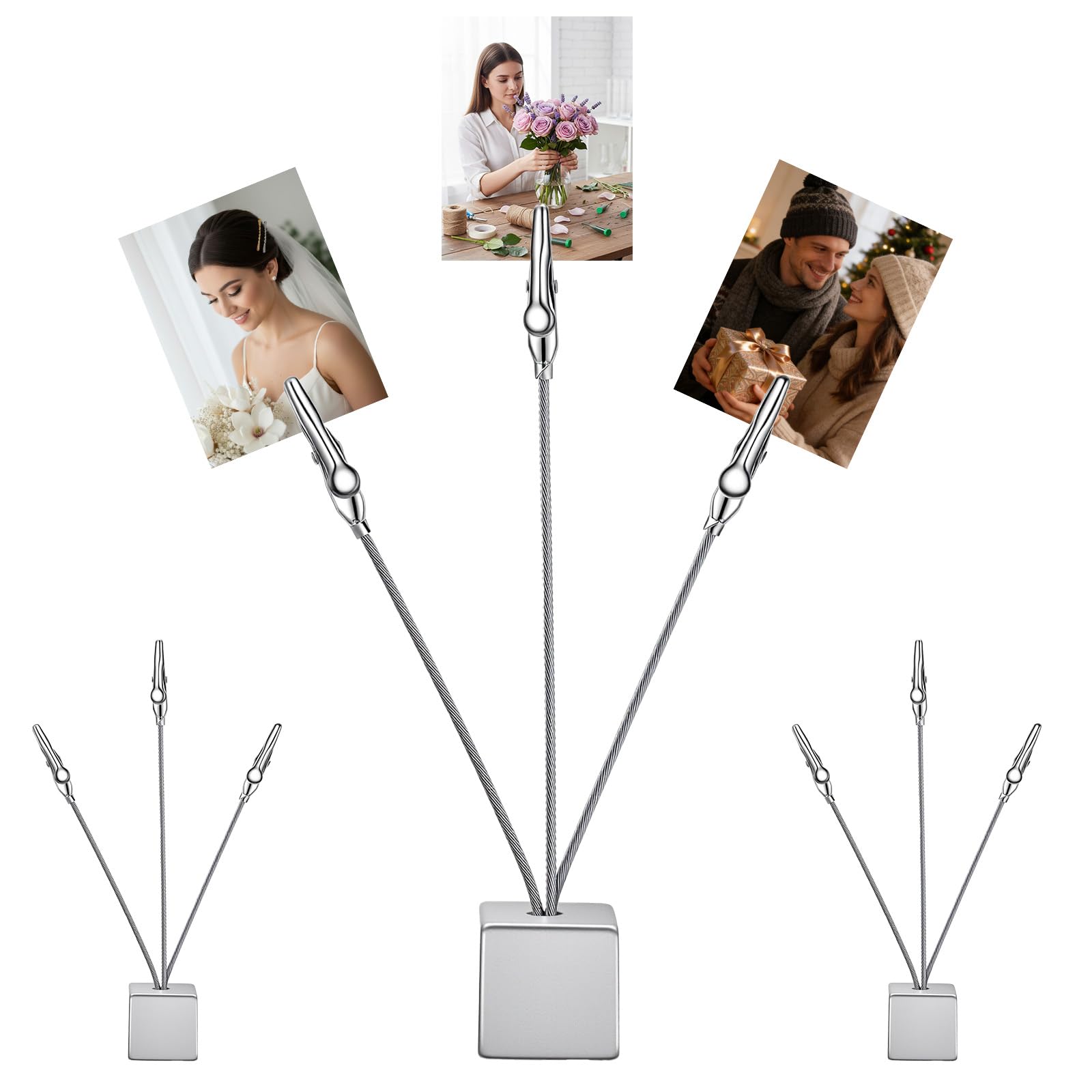 3Pack Silver Picture Tree Holder Square Base, 3-Branch Gift Card Holder, Elegant Gift Card Tree for Home, Office Decor