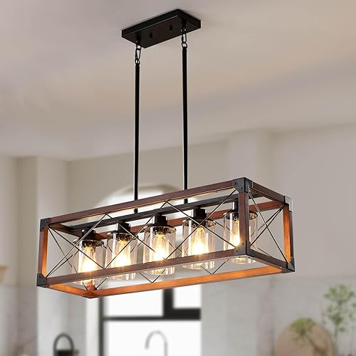 Lámparas colgantes rústicas de casa de campo, candelabros para comedor y cocina, accesorios de luz de isla de 5 luces, candelabro de madera sobre la