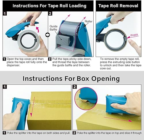 Miniatura 5 de ABEL Duet - Dispensador y divisor de cinta de embalaje 2 en 1, azul, pistola de cinta ergonómica de 2 pulgadas de ancho, divisor de cinta de