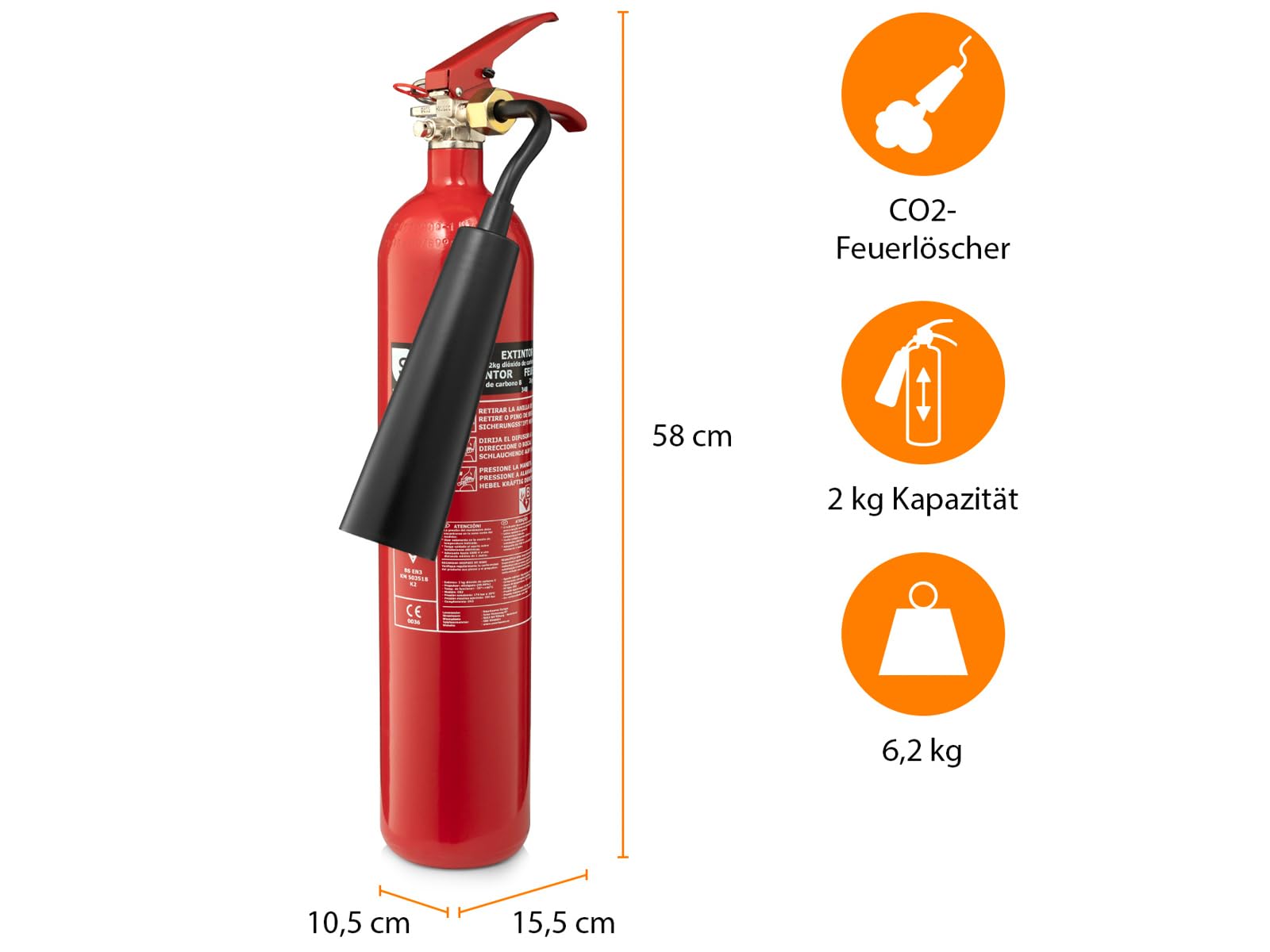 Práctico extintor de CO2, 2 kg, clase B – Borrado sin residuos + manta extintora de 100 x 100 cm, protección contra incendios