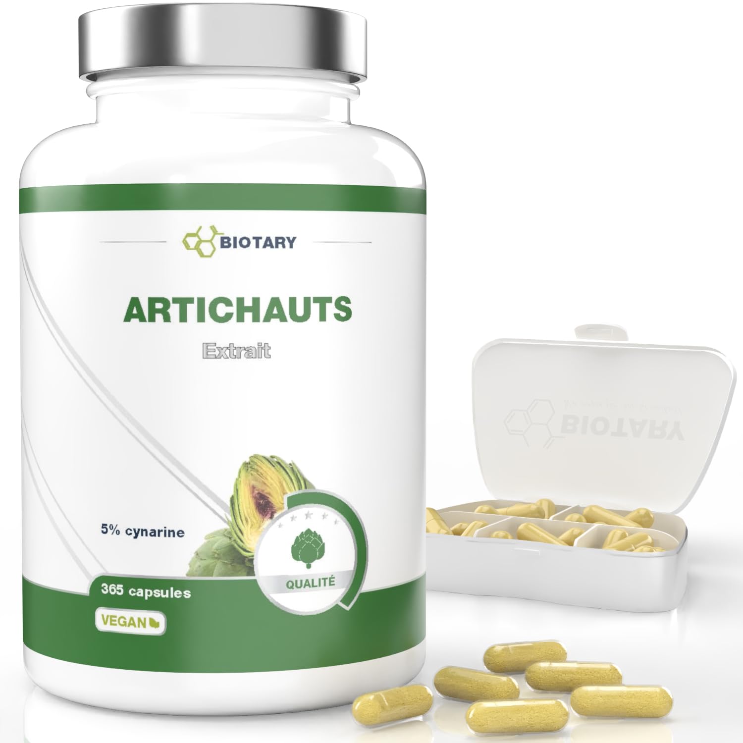 Extrait d’artichaut 365 gélules 2400 mg 30:1 120 mg cynarine 100% végan | Dose journalière équivalant à 72 000 mg d’artichaut avec pilulier inclus réserve de 3 mois qualité contrôlée