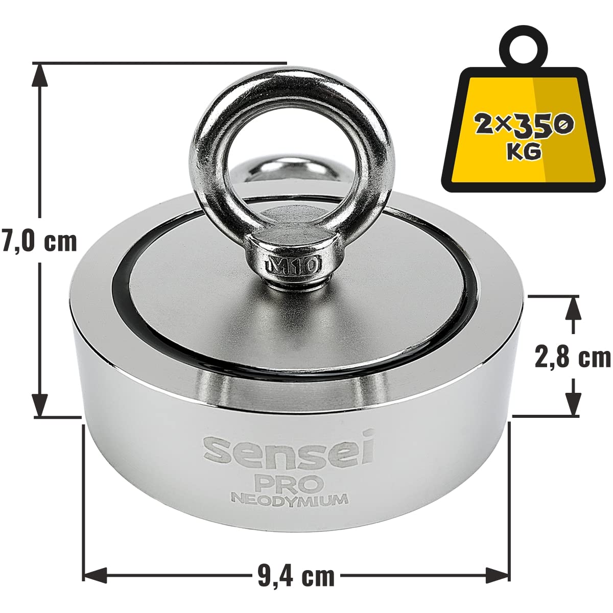 SENSEI Aimant en Néodyme Double Face 350 kg N52 à Deux Anneaux Ø9,4 x H2,8 cm