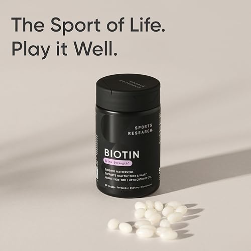 Miniatura 8 de Sports Research Suplemento de biotina vegana extra fuerte (vitamina B) con aceite de coco orgánico, apoya la queratina para un cabello y una piel