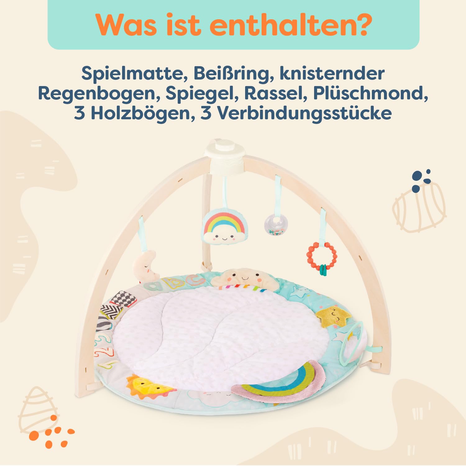 B. toys - Sunrise to Sunset Play Gym - Baby Gym aus Holz - Weiche Spielmatte - Hängendes sensorisches Spielzeug - Entwicklungsfördernde Aktivitäten - Neugeborene