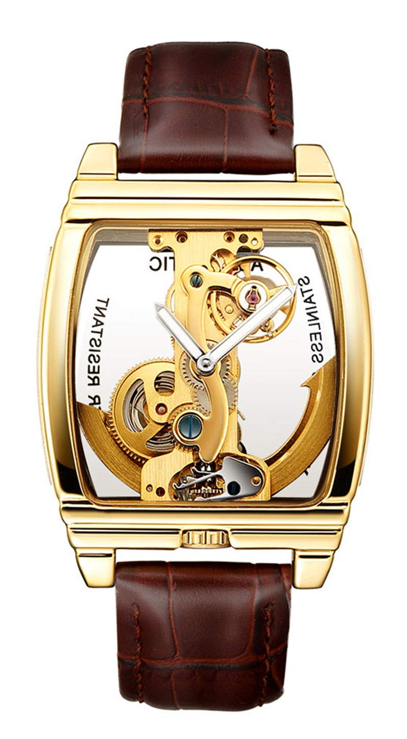 MASTOP Relojes de pulsera de cuero mecánicos para hombre, de lujo, transparente, automático, Steampunk, esqueleto, Dorado marrón, Classic