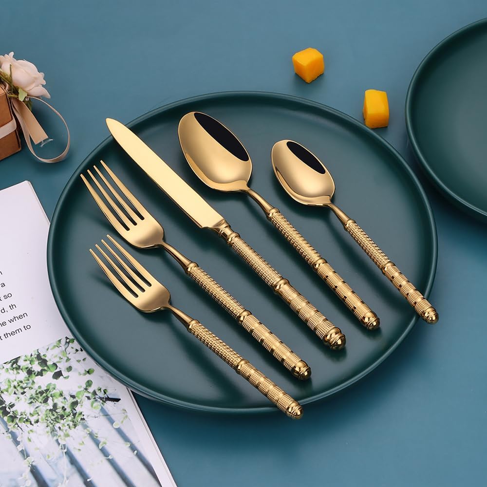 Gold 20 Pieces Silverware Set for 4 Luxury Beautifully Textured and Engraved Handles Flatware Set Elegant Tableware 18/10 Stainless Steel Cutlery Utensil Sets for Home Restaurant Dishwasher Safe