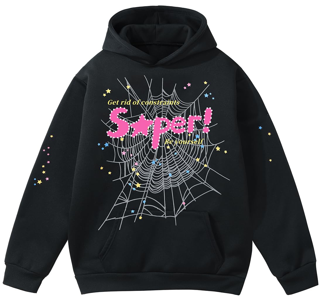 Y2K Spider Hoodie Cobweb Pattern Print Unisex Sweatshirt Men Women Graphic Outwear
