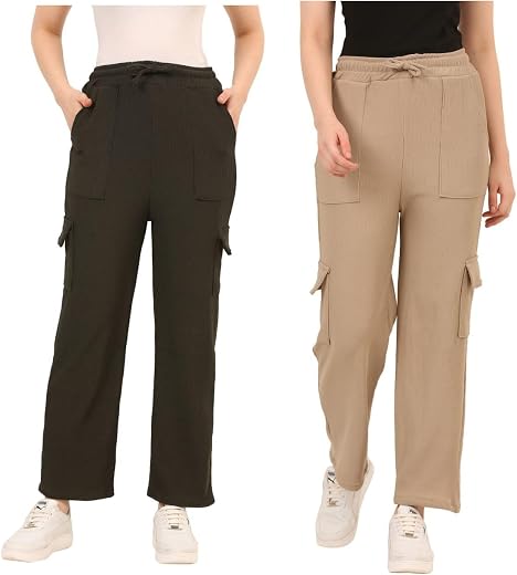 AMNOUR Straight-Fit Cargo | Palazzo Pants for Kids Girls | High-Waist Casual Wear | Girls Trouser | Pack of 2