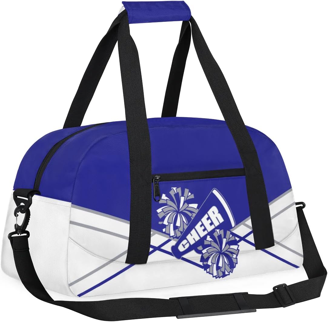 Kid Cheer Duffel Bag Travel Weekender Overnight Bag Sports Gym Bags for Girls Boys Personalized Gymnastics Sleepover Bags Waterproof Carry-on Handbags Collapsible Work Out Hanbag Blue Silvery White